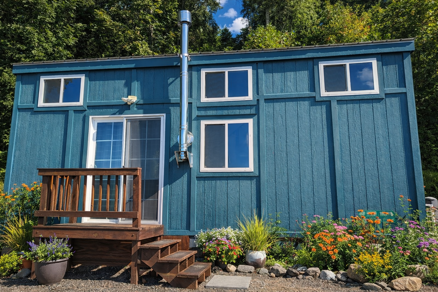 Blue tiny home in Floyd, Virginia, with a metal wood-stove flue beside the front door