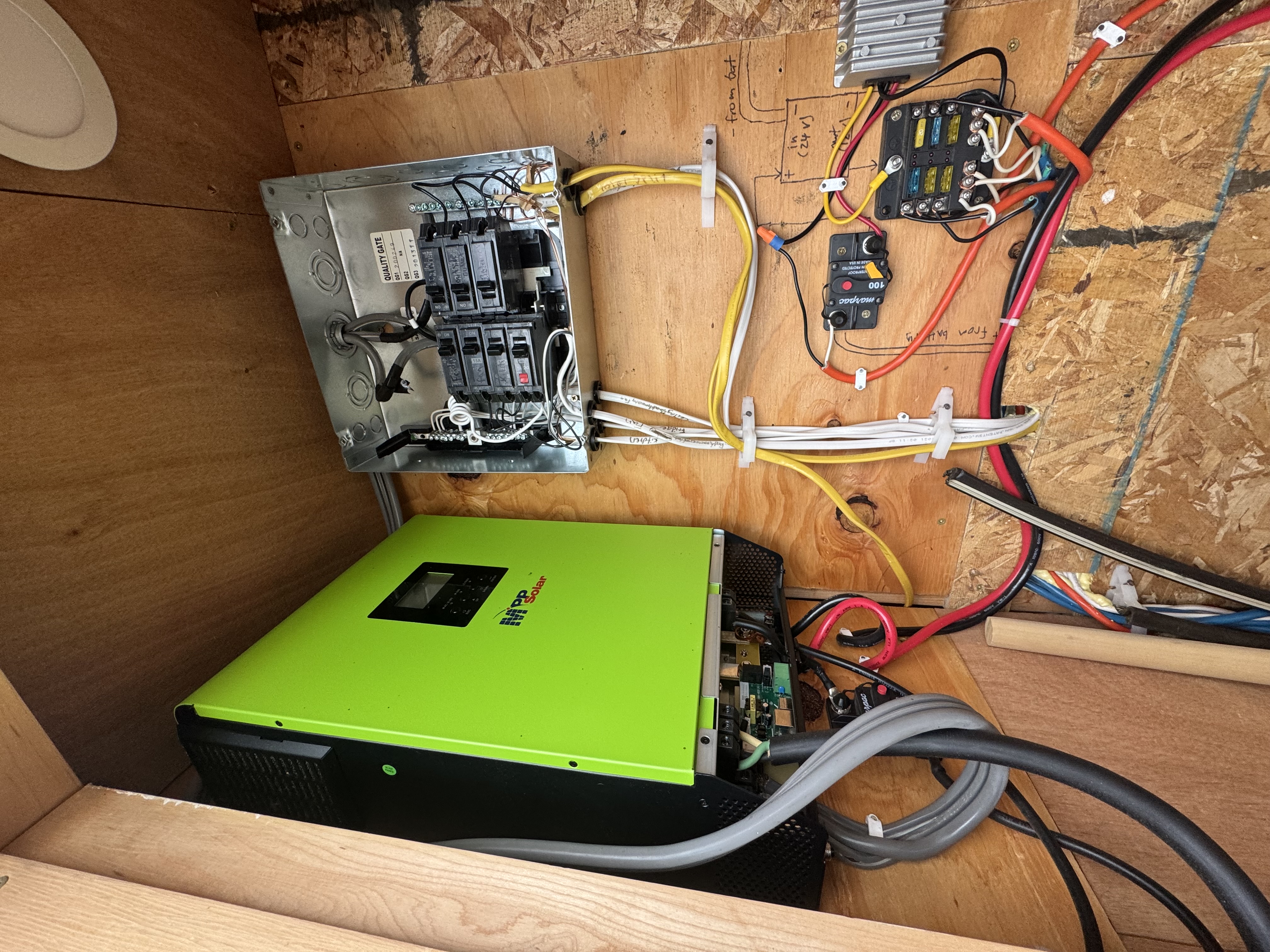 Hybrid solar inverter, breaker box and DC fuse block mounted on a plywood wall inside a tiny home
